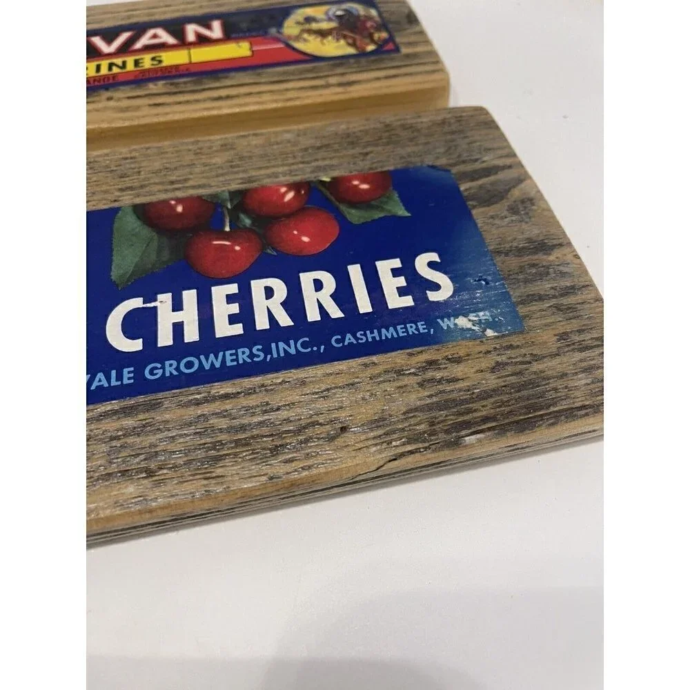 2 Vintage Fruit Crate Labels Wood Wall Plaques Vale Cherries Caravan Nectarines